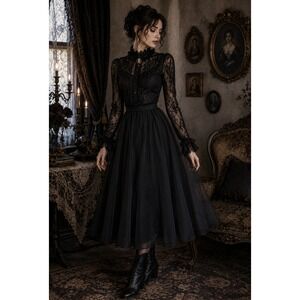 JS Collections Black Organza Tulle Midi Skirt Victorian Whimsigoth High Waist 12
